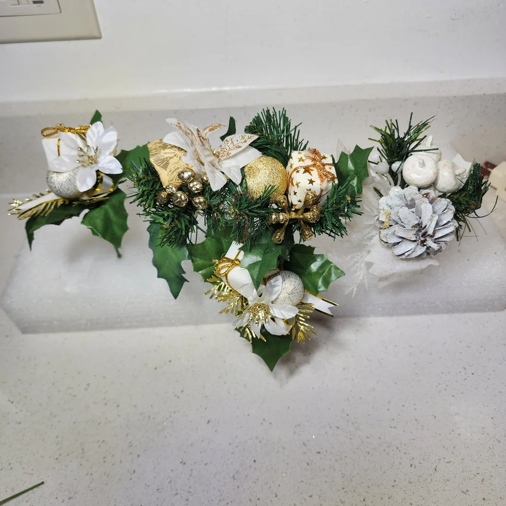 Vintage Floral  Gold White and Green Holiday Picks 5pieces